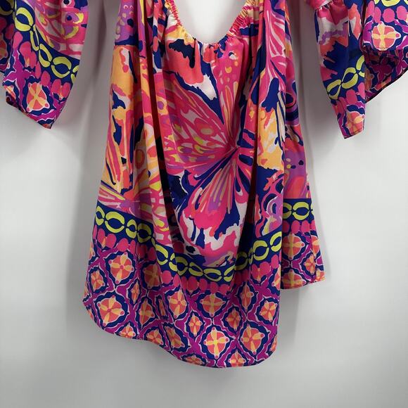 Lilly Pulitzer Sanilla Silk Top Off the Shoulder Pink Fusion Medium Floral - Picture 2 of 10